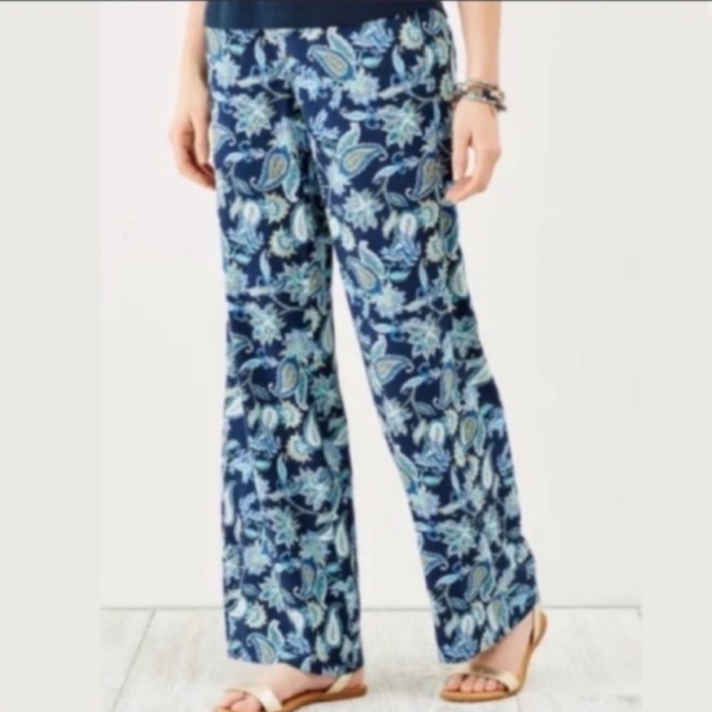 J. Jill Rayon Floral Paisley Wider Full Leg Pants Elastic Waistband Blue Green